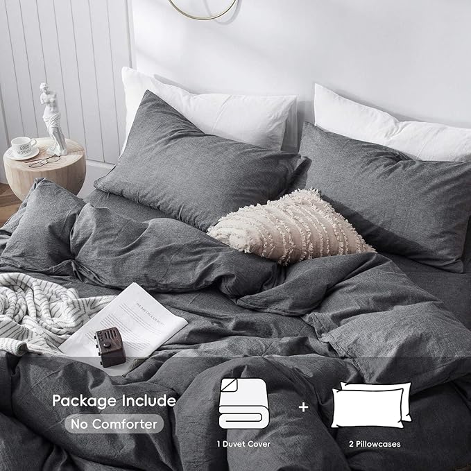MooMee Bedding Duvet Cover Set 100% Washed Cotton Linen Like Textured Breathable Durable Soft Comfy (Heathered Dark Grey, King 104"x90")