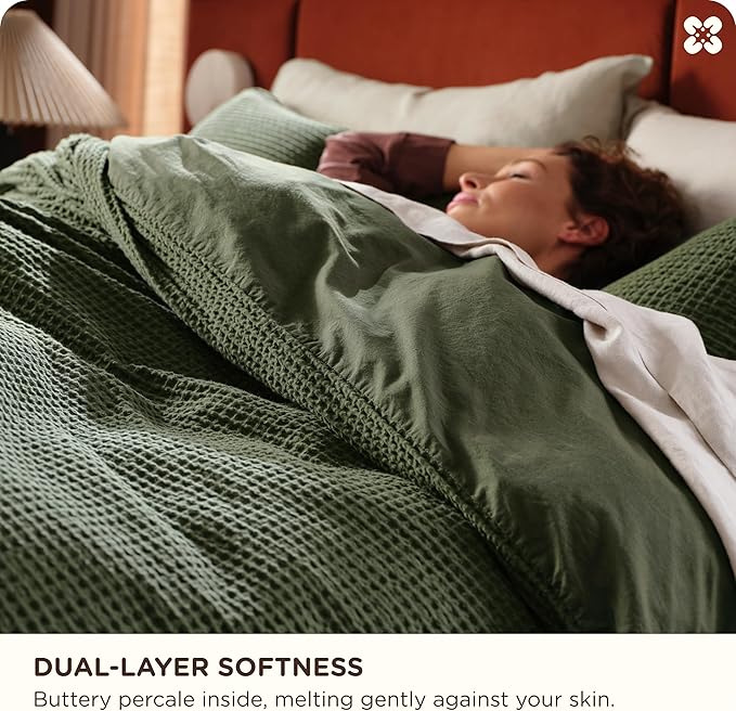 Bedsure Cotton Duvet Cover King - 100% Cotton Waffle Weave Olive Green Duvet Cover King Size, GentleSoft™ and Breathable Bedding Set for All Season, 3 Pieces, 104"x90"