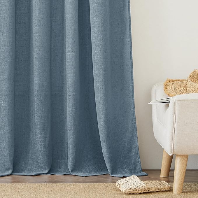 RYB HOME Stone Blue Semi Sheer Curtains, Natural Linen Blend Drapes Light Filtering Privacy Protected Back Tab Curtain Panels for Cottage Study Room Attic 52 x 72 inch, 2 Panels Set
