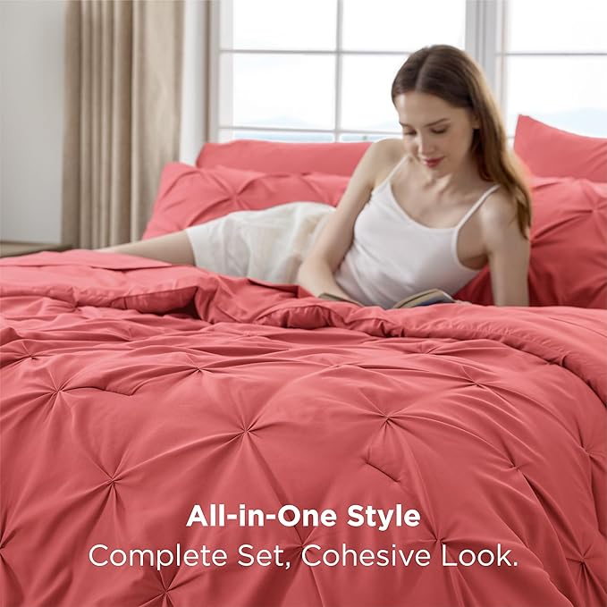 Bedsure Full Comforter Set Coral Red - Bed in a Bag Full Size Bedding Set 7 Pieces, GentleSoft™ Pintuck Bed Set Gift for Family, Pinch Pleat All Season Comforter with Sheets, Pillowcases & Shams