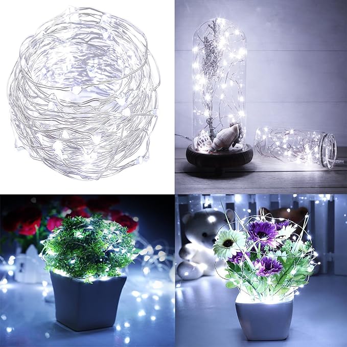 Fairy Lights CR2032 Battery Operated,6.6Ft/2Meter 20 LEDs Micro Silver Wire String Lights for Bedroom Christmas Party Wedding Decoration (Cool White, 6 Pack)