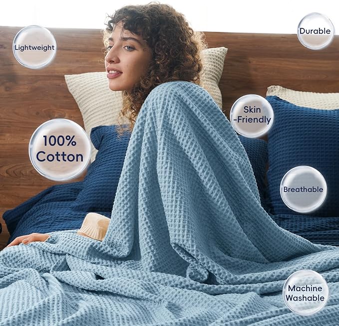 PHF Pre-Washed Cotton Waffle Weave Blanket Throw Size for Couch Bed,Snag Proof for Spring Summer Lightweight Breathable,Oeko-TEX Certified,Machine Washable, Home Decor Gift，Dusty Blue