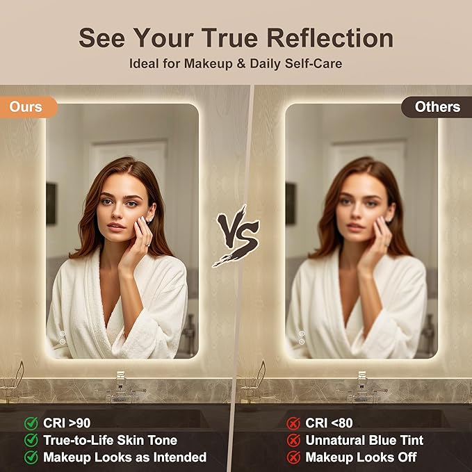48''x30'' Lighted Mirrors for Bathroom Wall Backlit Rectangular Rounded Corners, LED Bathroom Mirror Frameless with Lights Anti Fog, Dimmable, 3 Colors,Tempered Glass, Shatter-Proof