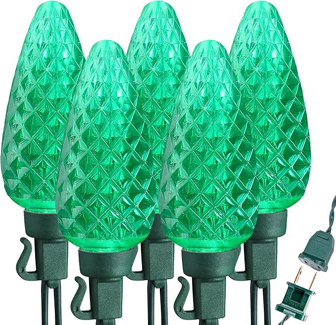 Brizled C9 Green String Lights, 16ft 25 LED Faceted Christmas Light Connectable, 120V UL Certified Roof Lights, Indoor Outdoor Xmas Tree Lights for Halloween Christmas St. Patrick's Day Party Garden