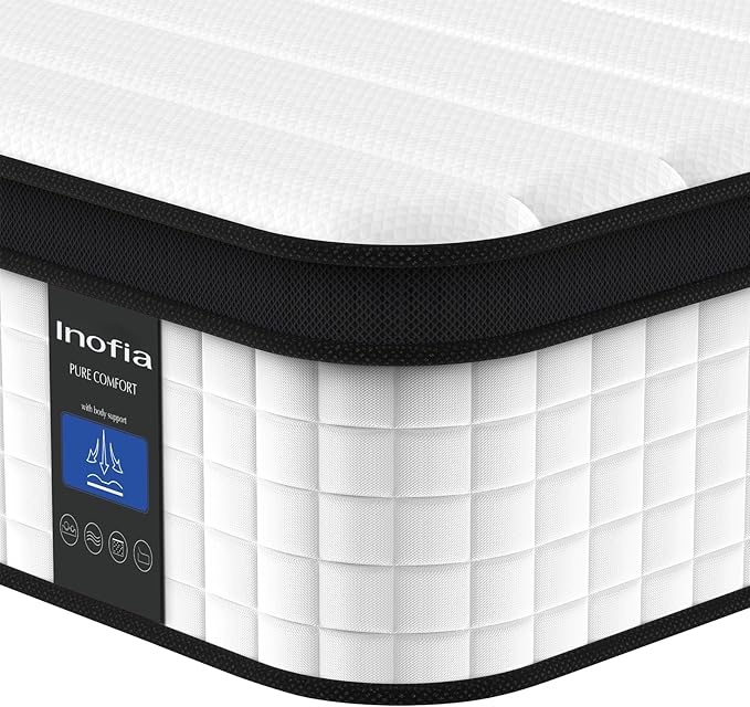 Inofia 12 Inch King Mattress, Hybrid Innerspring King Size Mattresses, Cool Bed with Breathable Soft Knited Fabric Cover, 101 Nights Trial