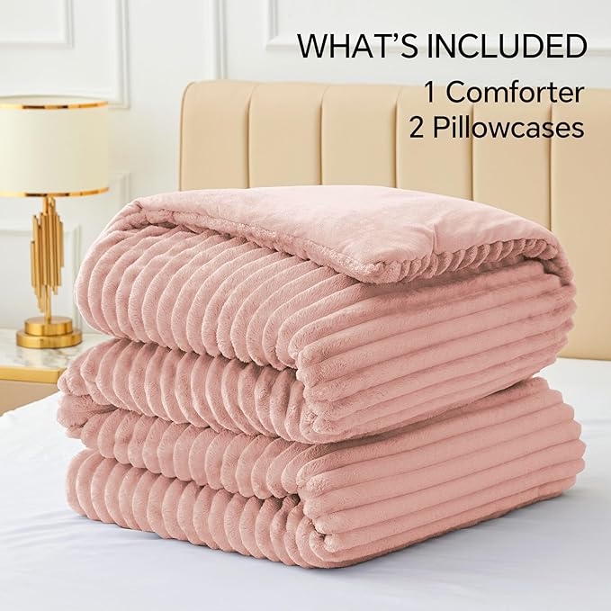 BEDELITE Fleece Queen Comforter Set -Super Soft & Warm Fluffy Dusty Pink Bedding, Luxury Fuzzy Heavy Bed Set for Winter with 2 Pillow Cases
