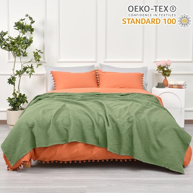 PHF 100% Cotton Waffle Weave Blanket Queen Size for Bed,Snag Proof Lightweight Breathable Moisture-Wicking Throw for Couch,Great for Layering in Cold Weather,Machine Washable, Home Decor-Loden Green
