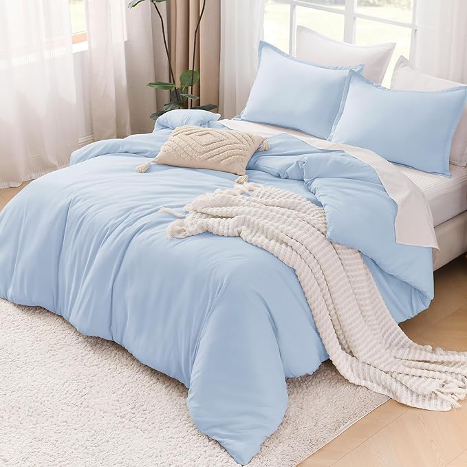 Litanika Comforters Light Blue Queen Size, 3 Pieces Lightweight Solid Bedding Comforter Set, All Season Fluffy Bed Set (90x90In Comforter & 2 Pillowcases)