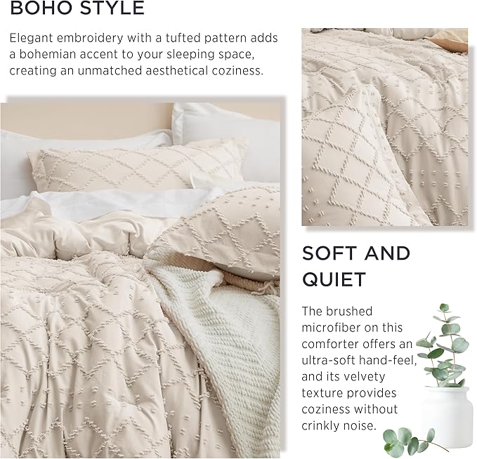 Bedsure Queen Comforter Set - Beige Comforter, Boho Tufted Shabby Chic Bedding for Kids, 3 Pieces Vintage Farmhouse Bed Set for All Seasons, Fluffy Soft Bedding with 2 Pillow Shams