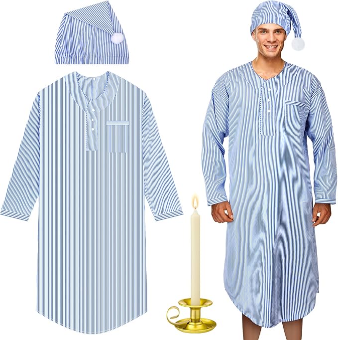 Toulite 4 Pcs Men's Pajama Set Includes Men's Nightshirt Night Sleeping Cap Candle Holder and Candle for Halloween Christmas(Medium)