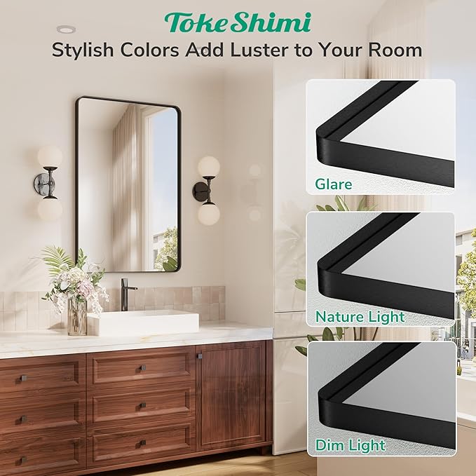 TokeShimi Black Vanity Mirror 60x36,Bathroom Mirror Framed Seamless,Tempered Glass,Rectangle Mirror for Bathroom,Shatterproof Bathroom Wall Mirror(Horizontal/Vertical)