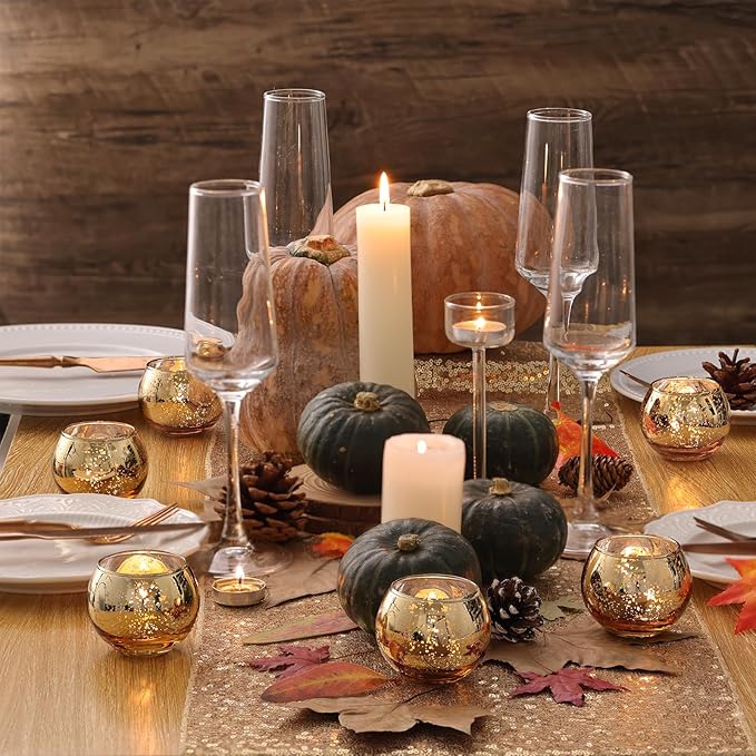 Volens Round Gold Votive Candle Holders, Mercury Glass Candle Holder Set of 12, Thanksgiving Decorations for Home