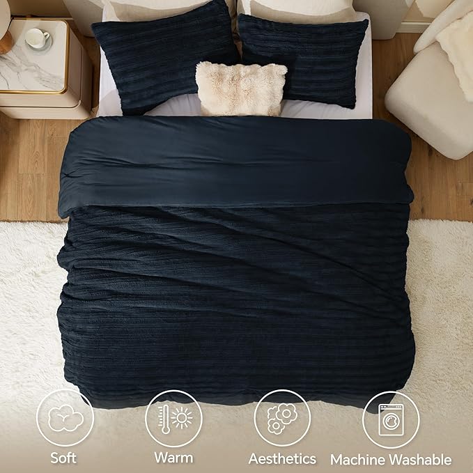 BEDELITE Fleece King Comforter Set -Super Soft & Warm Fluffy Navy Faux Fur Bedding, Luxury Fuzzy Heavy Bed Set for Winter with 2 Pillow Cases