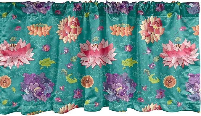 Ambesonne Floral Window Valance Pack of 2, Pattern with Lotus Flowers Peonies and Chrysanthemums Oriental Motifs Garden Art, Rod Pocket Curtain Valances for Kitchen Bedroom, 42" X 18", Teal