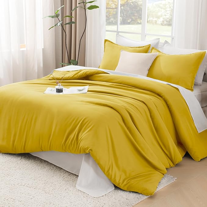Litanika Mustard Yellow Comforter Set Twin/Twin XL Size, 2 Pieces Lightweight Solid Bedding Comforter Set, All Season Fluffy Bed Set (66x90In Comforter & 1 Pillowcase)