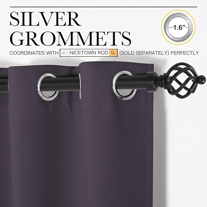 NICETOWN Room Darkening Curtains for Kitchen, Greyish Purple, Set of 2, 42 inches Wide by 50 inches Long, Window Treatment Thermal Insulated Solid Grommet Room Darkening Curtains/Drapes for Bedroom