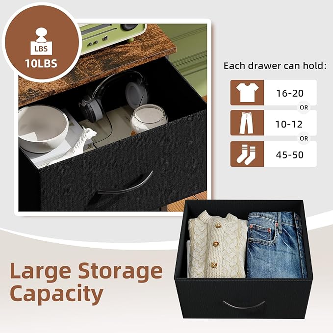 Somdot Tall Dresser for Bedroom with 6 Drawers, Storage Organizer Chest of Drawers with Removable Fabric Bins for Closet Bedside Living Room Laundry Entryway Hallway, Black Rustic Brown