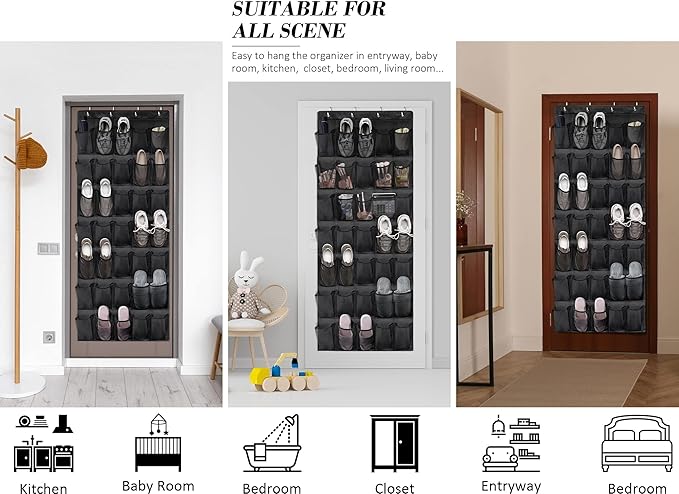 Tiblue Over The Door Shoe Organizers 35 Mesh Pockets Hanging Shoe Organizer Shoe Rack For Closet Entryway Bedroom Bathroom Pantry Shoe Holder, Men Sneakers, Women High Heeled Shoes, Flip Flops Black