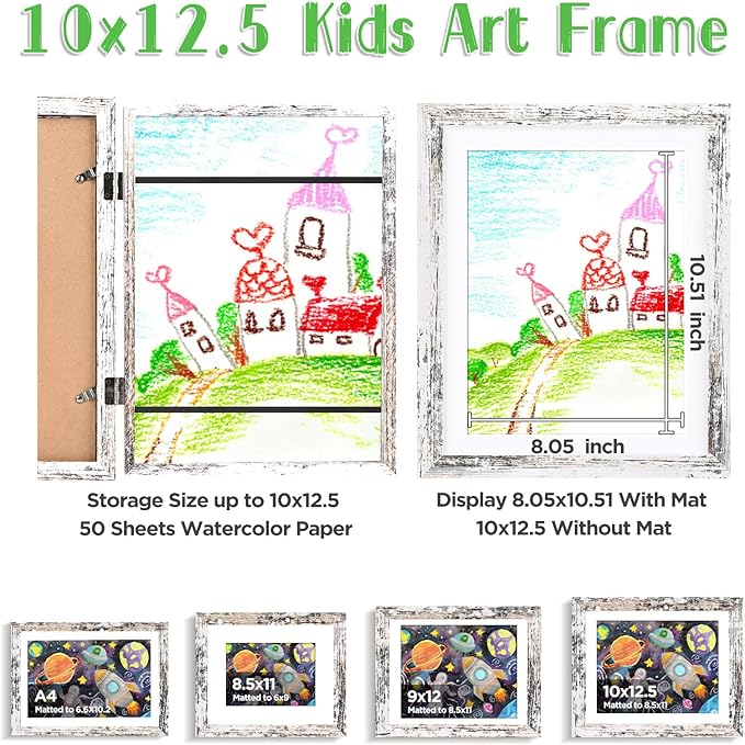 KINLINK 10x12.5 Kids Art Frames Set of 2, Solid Wood Kids Artwork Frames Changeable with Acrylic Front Opening Holds 150 Pictures, Art Frame for Kids Artwork with Mat or without Mat, Rustic White