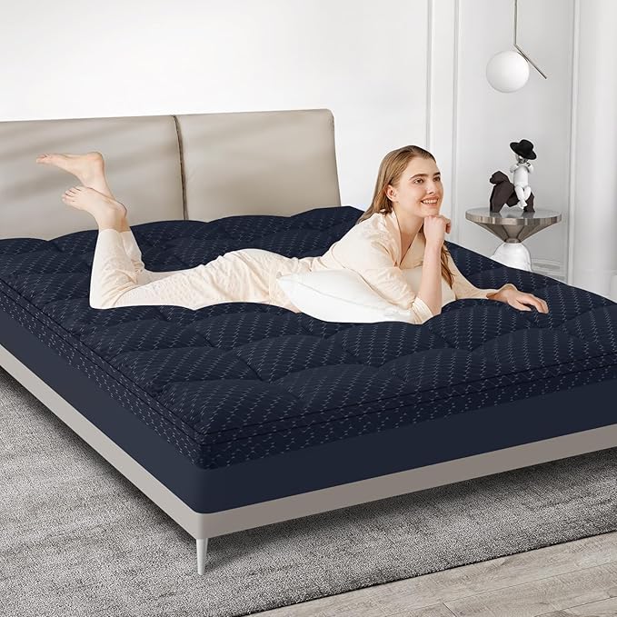 Dual Layer 3 Inch Memory Foam Mattress Topper Full Size, 2 Inch Gel Memory Foam Plus 1 Inch Cooling Pillow Top Mattress Pad Cover, with 8-21 Inch Deep Pocket, Navy Blue