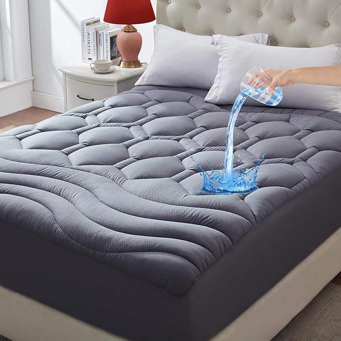 King Size Mattress Pad Waterproof, Cooling Mattress Topper Noiseless, Leak Proof Mattress Protector Deep Pocket Washable, Quilted Fitted Soft King Mattress Pad Cover (78x80 inch, Grey)