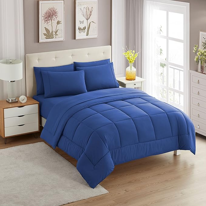 Sweet Home Collection 7 Piece Comforter Set Bag Solid Color All Season Soft Down Alternative Blanket & Luxurious Microfiber Bed Sheets, Royal Blue, Queen