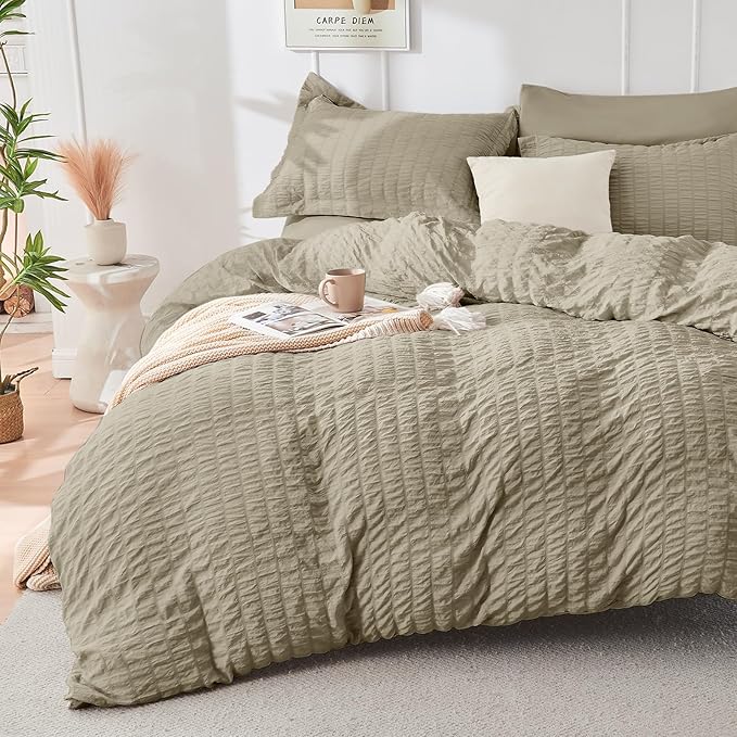 HYMOKEGE Linen Full Size Comforter Sets Seersucker 7 Pieces, All Season Luxury Bed in a Bag for Bedroom, Bedding Set with Comforter, Sheets, Pillowcases & Shams