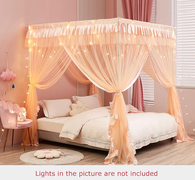 Mengersi Canopy Bed Curtains - Bed Canopy Royal Luxurious Cozy Drapes Netting- Elegant Bedroom Decoration Accessories for Adults(Queen,Peach)