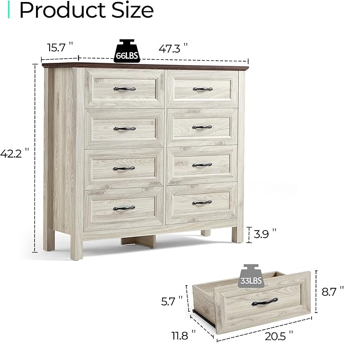 LINSY HOME Farmhouse 8 Drawers Dresser Chests for Bedroom, Wood Dresser Wide Chest of Drawers, Storage Dressers Organizer for Bedroom, Living Room,Hallway, SGS Certified