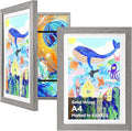 KINLINK A4 Kids Art Frames Set of 2, Solid Wood Kids Artwork Frames Changeable with Acrylic Front Opening Holds 150 Pictures 8.3x11.7, Art Frame for Kids Artwork with Mat or without Mat, Grey