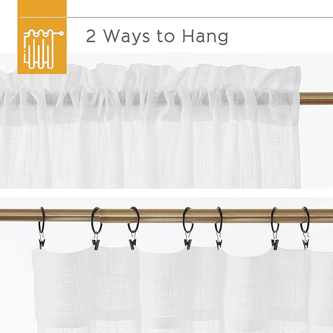 RYB HOME White Sheer Curtains for Living Room - Privacy Linen Fabric Semitransparent Farmhouse Country Curtains Light & Airy for Patio Door Bedroom Bay Window, W 52 x L 90 inch, 2 Panels