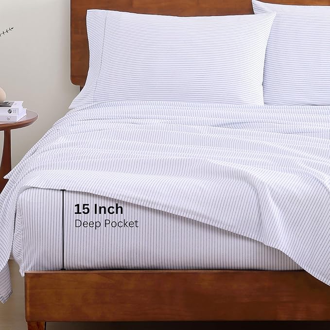 LANE LINEN 100% Organic Cotton Twin XL Sheets Set 3-Piece Pure Percale Bedsheets Bedding Breathable Fits Mattress Upto 15" Deep - Blue Ticking Stripe