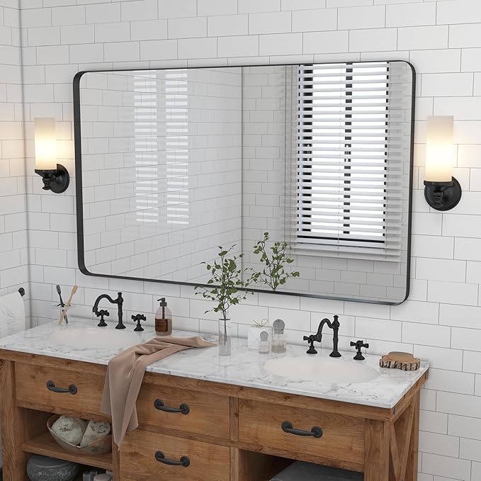 VocalStar Black Metal Framed Bathroom Mirror for Wall, 48 x 36 Inch Large Rounded Rectangle Matte Black Bathroom Vanity Mirror Farmhouse, 1/4-inch Shatterproof Glass | Ultra-Flush Hanging