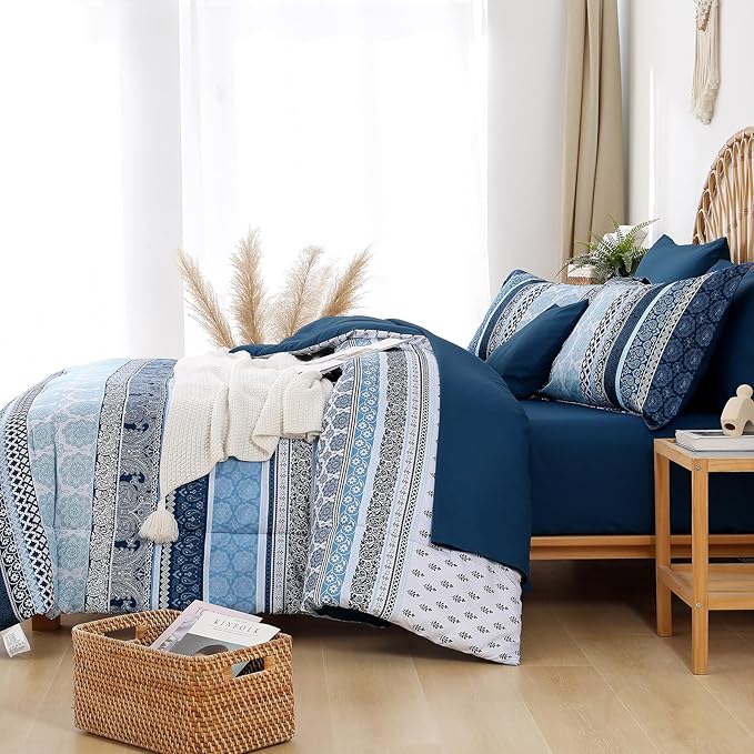 Boho Comforter Set Full Size,8 Pieces Navy Blue Bohemian Striped Bed in a Bag,Paisley Soft Microfiber Bedding Comforter Set