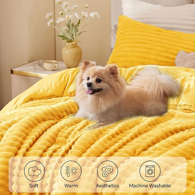 BEDELITE Fleece King Comforter Set -Super Soft & Warm Fluffy Bright Yellow Bedding, Luxury Fuzzy Heavy Bed Set for Winter with 2 Pillow Cases