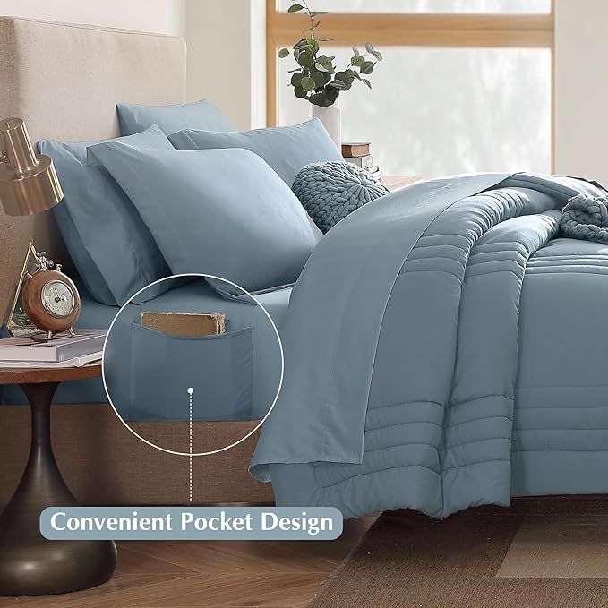Monbix Full Comforter Set - 7 Pieces Dusty Blue Bed in a Bag Full Size Bedding Sets with Comforters, All Seasons Down Alternative Comforter with Sheets,Pillowcases & Shams