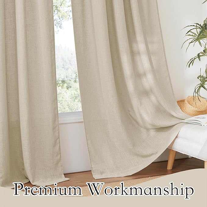 RYB HOME Beige Curtains Flax Linen Woven Semi Sheer Curtains, Half Privacy Protection Glare Contral Window Panels for Farmhouse Living Room Boys Girls Bedroom, W 70" x L 108 inch, 2 Pack