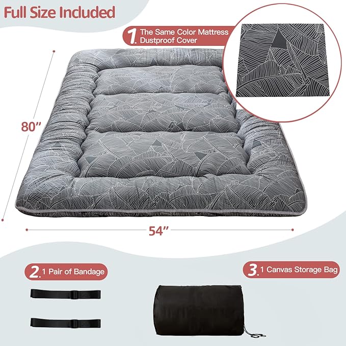 MAXYOYO Black Leaf Printed Japanese Futon Floor Mattress, Thicken Sleeping Pad Floor Bed Roll Up Camping Guest Mattress Folding Couch Bed, Full Size