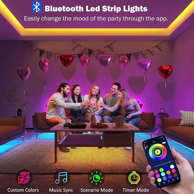 50ft Led Lights for Bedroom, Bluetooth Smart APP Control RGB Color Changing Led Strip Lights with Remote Control and Power Adapter Led Lights for Room Kitchen Party Home Decoration