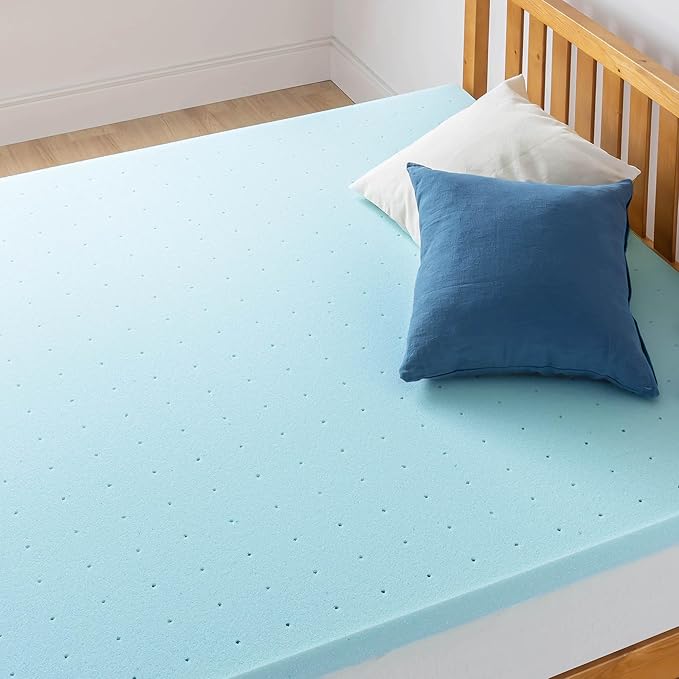 Best Price Mattress 2 Inch Ventilated Memory Foam Mattress Topper, Cooling Gel Infusion, Dorm Essentials, Short Queen Blue
