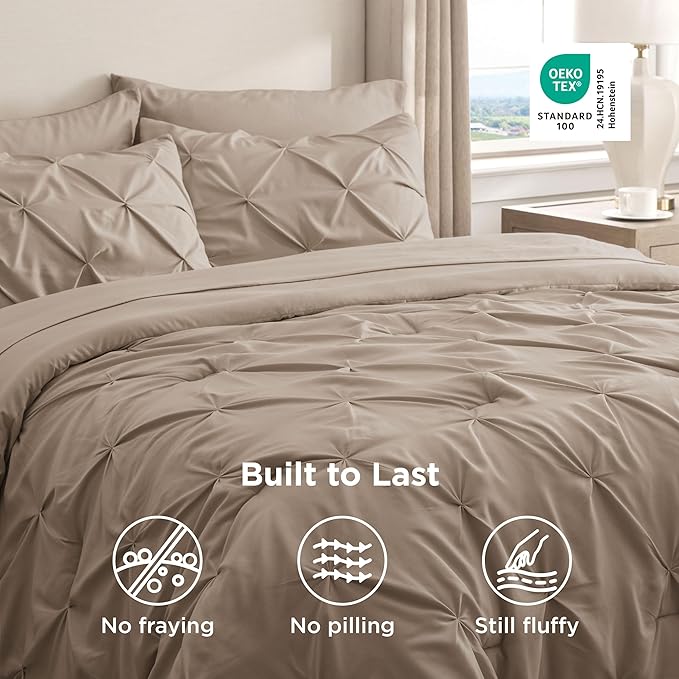 Bedsure Twin Comforter Set Khaki - Bed in a Bag Twin Size Bedding 5 Pieces, GentleSoft™ Pintuck Bed Set Gift for Family, Pinch Pleat Khaki Comforter with Sheets, Pillowcase & Sham
