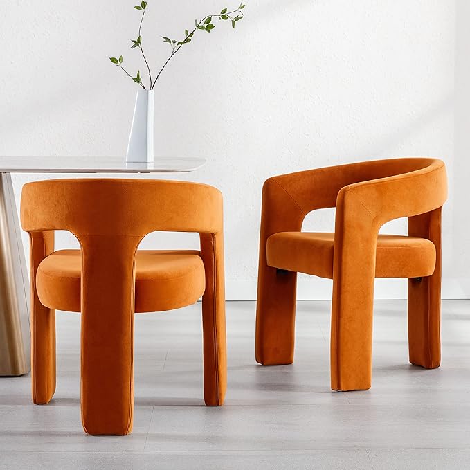 Modern Barrel Dining Chairs Set of 6, Velvet Upholstered Accent Side Chair with Arms Comfy Makeup Vanity Chairs, Dining Living Room Kitchen Chairs, Orange