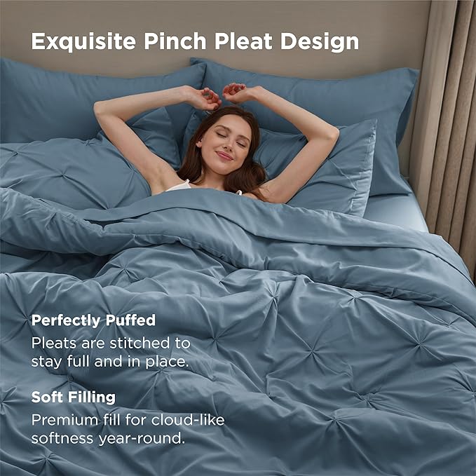 Bedsure California King Comforter Set Mineral Blue - Bed in a Bag Cal King Bedding Set 7 PCS, GentleSoft™ Pintuck Bed Set Gift for Family, Pinch Pleat Blue Comforter with Sheets, Pillowcases & Shams