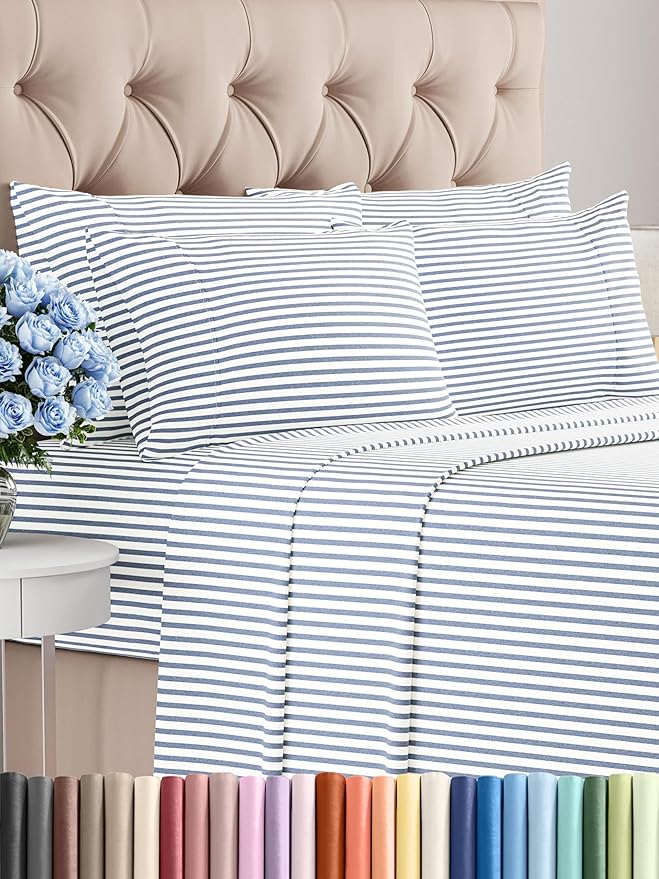 Cal King 6 Piece Sheet Set - Comfy Breathable & Cooling - Soft Hotel Luxury Bedding Set w/ 8-16 Inch Deep Pockets - 1 Flat & 1 Fitted Sheet & 4 Pillowcases - Wrinkle Free & Easy Care - Blue Stripes 2
