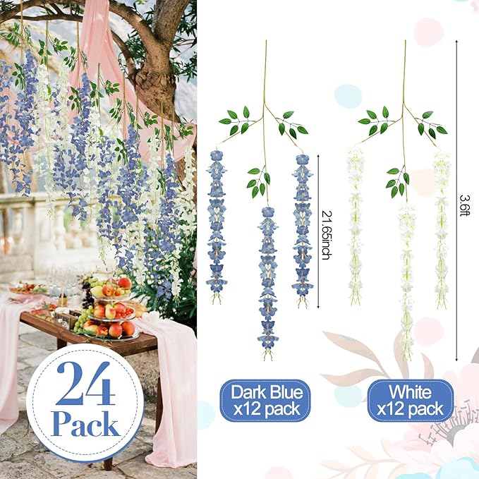 Giegxin 24 Pcs Artificial Wisteria Hanging Flowers 3.6 ft Artificial Fake Wisteria Vine Rattan Hanging Garland Silk Flowers String for Wall Home Wedding Party Greenery Decorations (Blue,White)