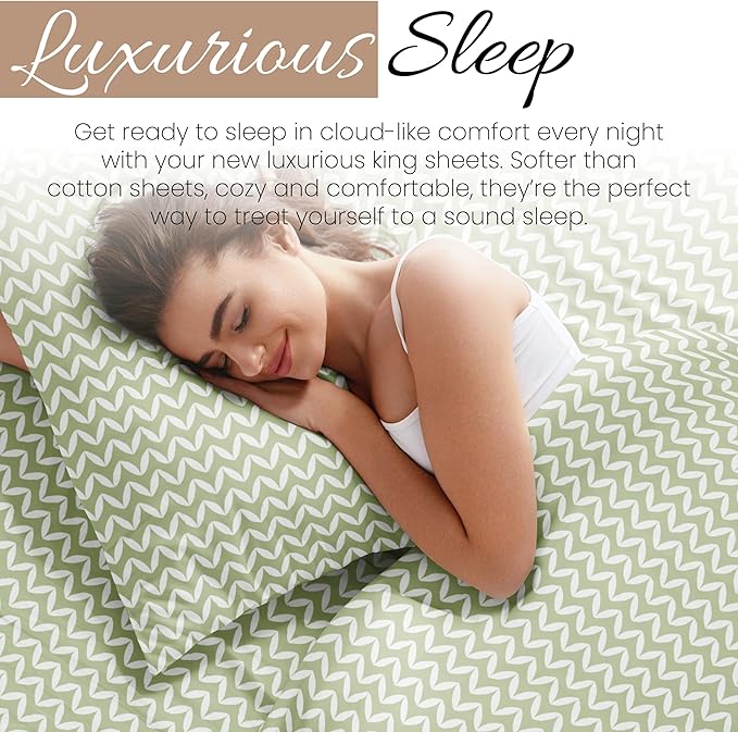 Linen Market 4 Piece King Sheet Set - Breathable, Double-Brushed Patterned Cooling Sheets – Oeko-TEX Certified Ultra Soft & Wrinkle-Free 16" Deep-Pocket King Sheets - Easy Care Puffed Chevron Sage