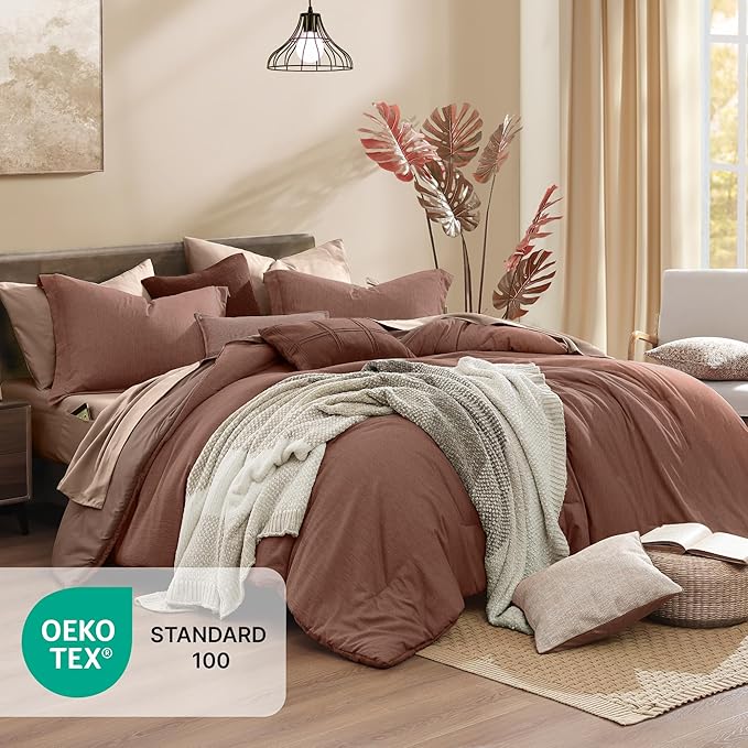 Monbix King Size Comforter Set, Terracotta King Size Bed Set Reversible, King Comforter Set 7 Pieces, Cationic Dyeing Bed in a Bag with Comforter, Sheets, Pillowcases & Shams