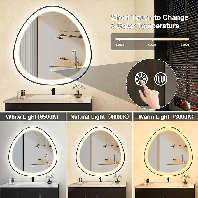 S'bagno 24 Inch LED-Bathroom-Mirror-with-Black-Frame, Lighted-Bathroom-Mirror-Brightness-Dimmable, Anti-Fog, 3 Lights Colors, Wall-Mounted-LED-Mirror-for-Bathroom with Smart Touch Button