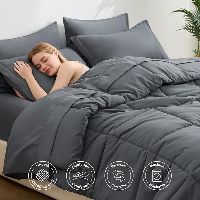 Love's cabin Twin XL Comforter Set Soot Grey, 5 Pieces Twin XL Bed in a Bag, All Season Bedding Sets with 1 Comforter, 1 Flat Sheet, 1 Fitted Sheet, 1 Pillowcase and 1 Pillow Sham