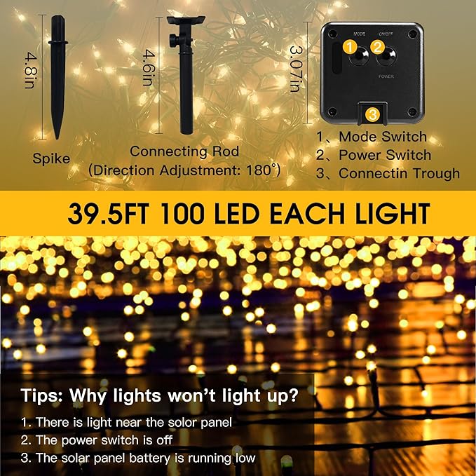 Solar String Lights Outdoor, 2 Pack 79FT 200 LED Waterproof Solar Christmas Lights with 8 Lighting Modes for Tree Yard Garden Party Xmas Decorations
